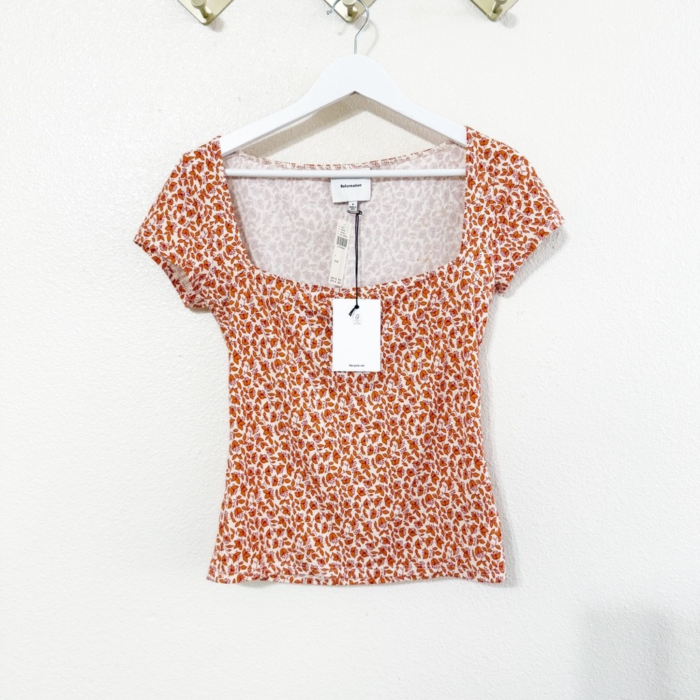 NWT Reformation Bardot Square Neck Knit Anthropologie Top in Mulberry Floral S - Picture 4 of 8